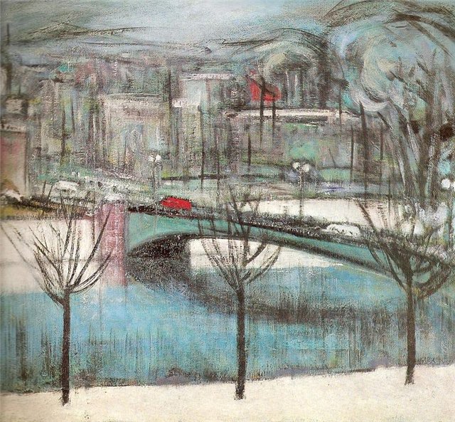 Мария Цвиркене. Мост с красным автобусом. 1968 г.